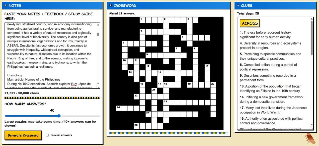 Crossword Notes generated puzzle with across clue list and filled grid.