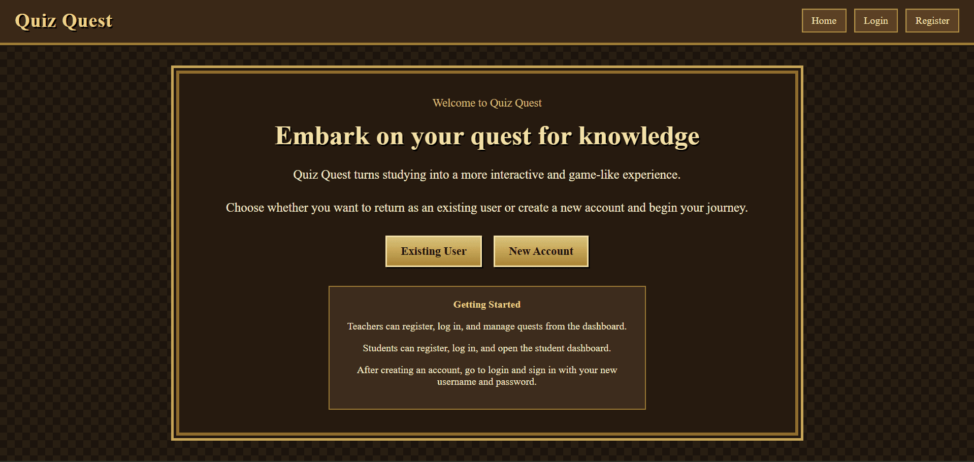 QuizQuest landing page with login and registration paths.