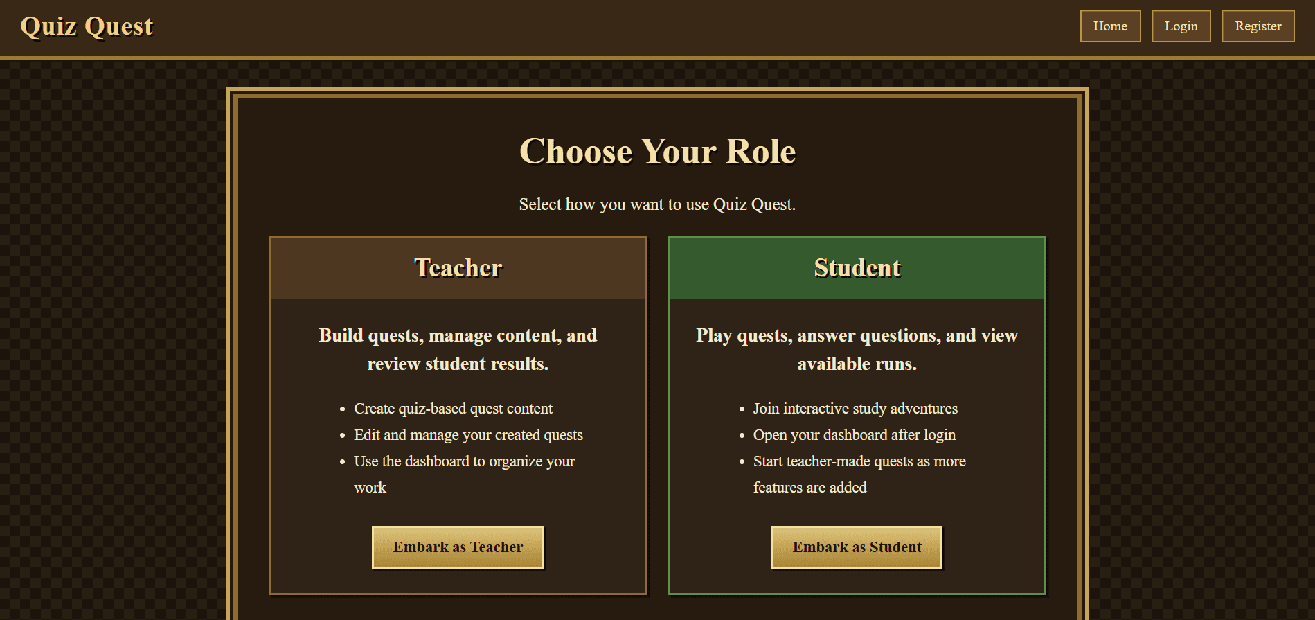 QuizQuest role selection screen showing teacher and student options.